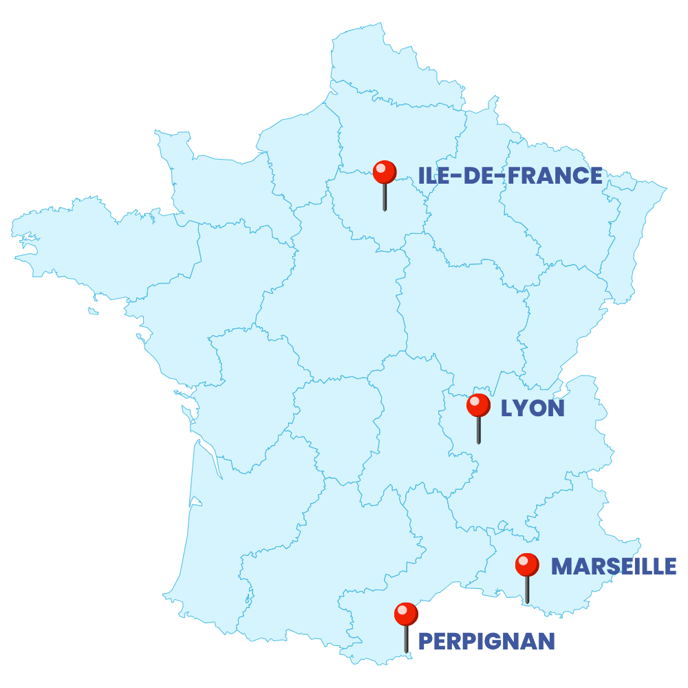 Carte de France des centres de formation GSM Master à Paris, Lyon, Marseille et Perpignan
